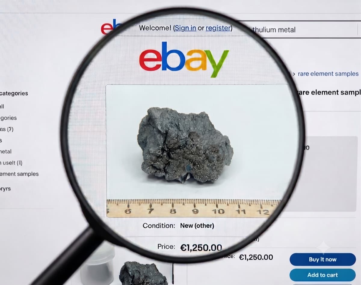 A magnifying glass enlarging an eBay product listing for a thulium metal specimen priced at €1,250.00, with a ruler-scale photo and Buy It Now controls.