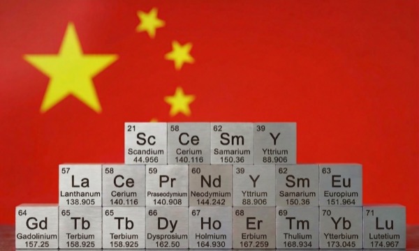 Periodic table element blocks for rare earth metals displayed against the Chinese flag